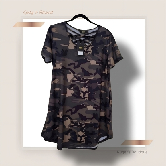 🌿Lucky & Blessed Women's Camo Cross Strap 3.4 Sleeves Tunic-Soft and Adorable! - Picture 3 of 10